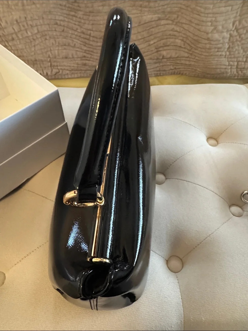 JW PEI Black Patent Top-Handle Clutch with Gold Hardware